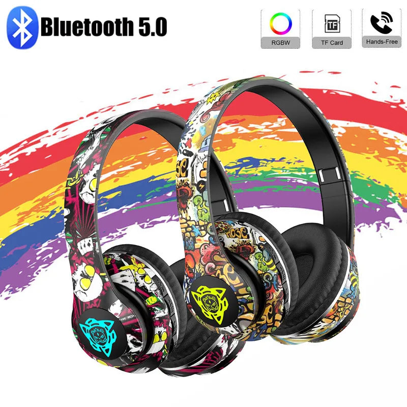 LED Graffiti Foldable Wireless Bluetooth Headphones Noise Canceling Super Bass Headsets Gamer Earphones Support TF With HD Mic