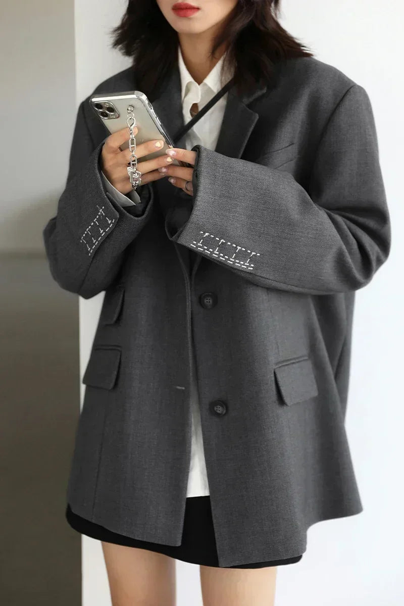 CHICVEN Women Office Lady Blazer Cuff Embroidery Wide Shoulder Twill Suit Women&