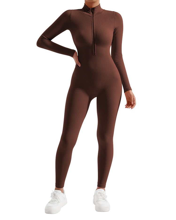 Bodycon Slim Jumpsuit For Women‘s Clothing Zipper Casual Brown Fitness Rompers Autumn 2024 Playsuit Activity Streetwear Overall - MyEmpired
