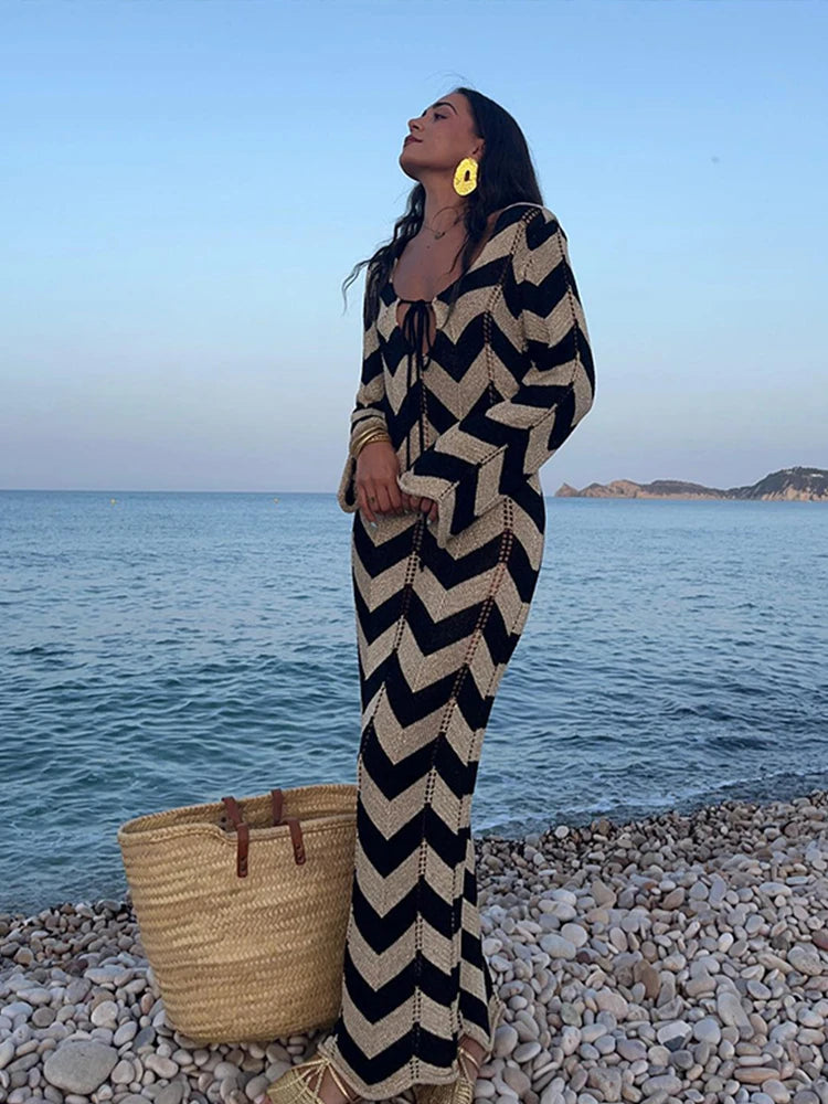 Striped Knitted Women Dresses Long Sleeve Lace Up Maxi Beach Dress For  Woman Slim Knitting Hollow Out Square Neck Robes