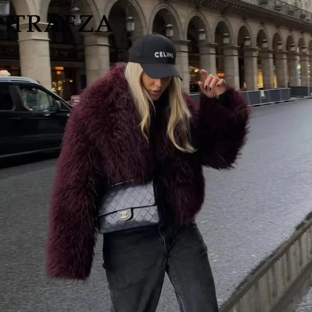 TRAFZA 2025 Autumn Winter Women Casual Faux Fur Jackets Fashion Streetwear Solid Turn Down Collar Warm Oversized Thick Coats - MyEmpired