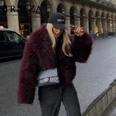 TRAFZA 2025 Autumn Winter Women Casual Faux Fur Jackets Fashion Streetwear Solid Turn Down Collar Warm Oversized Thick Coats - MyEmpired
