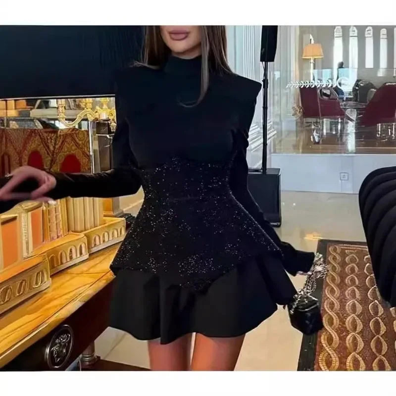 New Fashion Splicing Sequins Long-sleeved Crew Neck Short Dresses Sexy Party Vacation Little Black Dress for Women