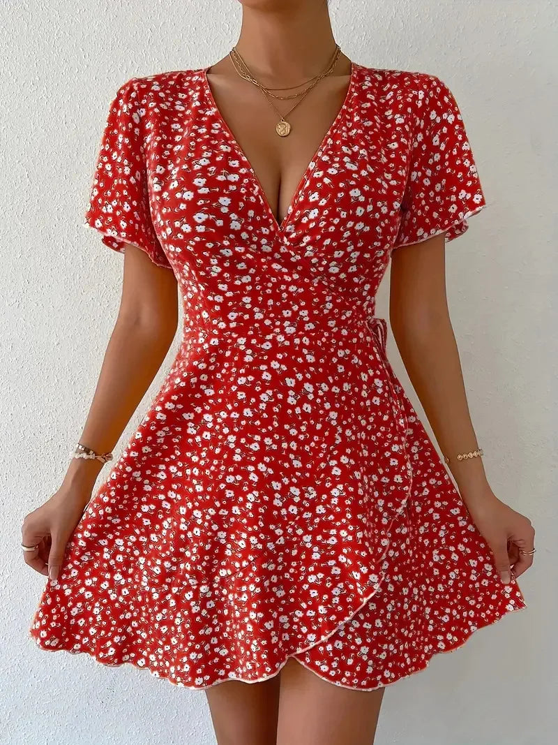 Women Sexy Printed A Line Dress Summer Bohemian V-Neck Short Sleeved Mini Dresses