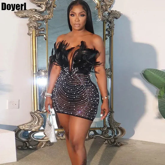 Sexy Club Party Night Feathers Rhinestones Birthday Dresses for Woman Elegant Backless Diamond Sheer Mesh Bodycon Dress Vestidos - MyEmpired