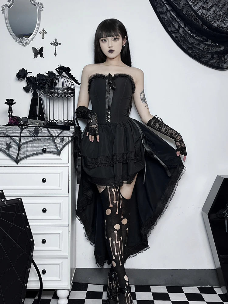 AltGoth Gothic Dark Halloween Black Dress Womem Palace Styel Lace Patchwork High Waist Corset Dress Nightclub Cosplay Partywear