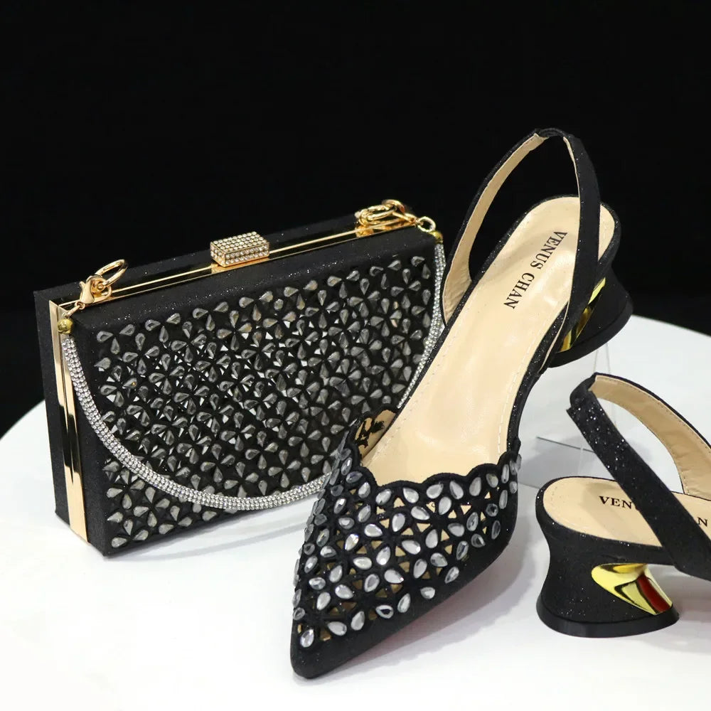 Venus Chan Low Heel Shoes for Women Hollowed Out Embroidery Rhinestone Italian Design Gold Color Pointed-Toe Shoes and Bags Set