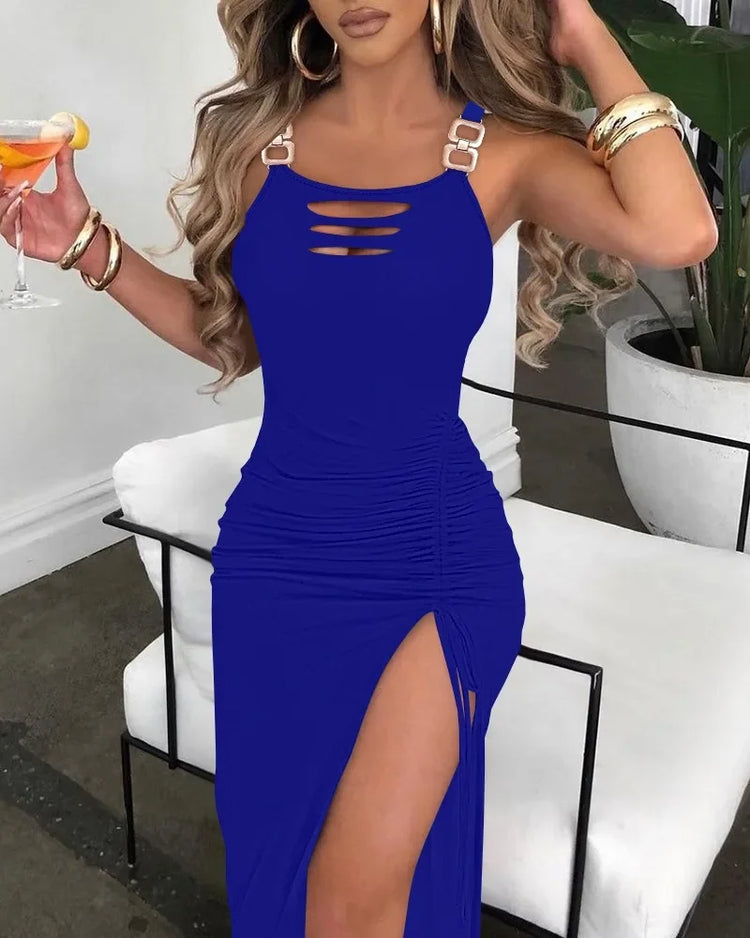 Summer Dresses for Women Fashion 2024 Solid Ladder Cutout Buckled High Slit Bodycon Dress Lady Hole Decoration Party Evening - MyEmpired
