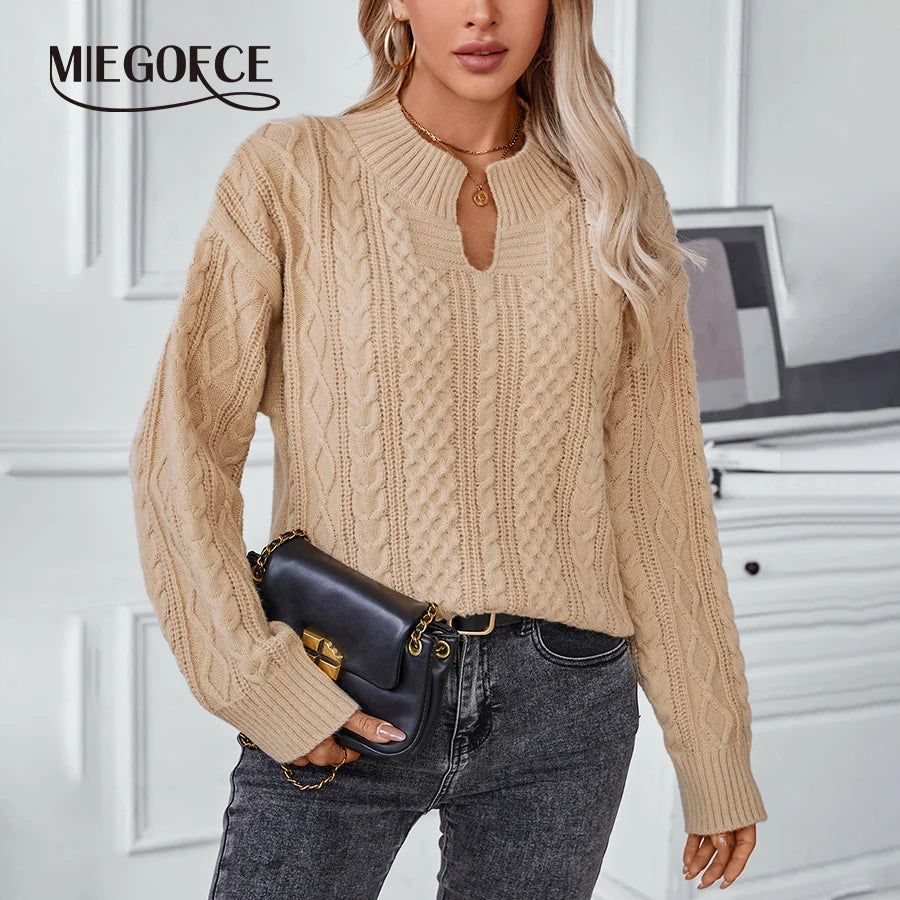 MIEGOFCE Solid Color Twisted Pullover Cardigan Collar Women Sweater Autumn Winter Retro Loose Drop Shoulder Long-sleeved G24085