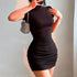 Sexy Tight Half High Collar Pleated Waist Mini Dress - MyEmpired