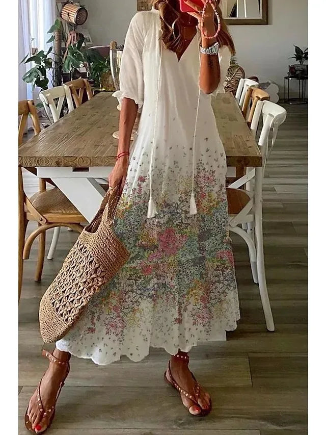 Spring Summer New 2024 Women's Casual Sweet Loose Sexy V-neck Drawstring Fashionable Printed Long Sleeved Dress