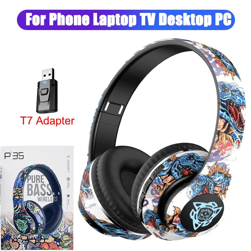 LED Graffiti Foldable Wireless Bluetooth Headphones Noise Canceling Super Bass Headsets Gamer Earphones Support TF With HD Mic