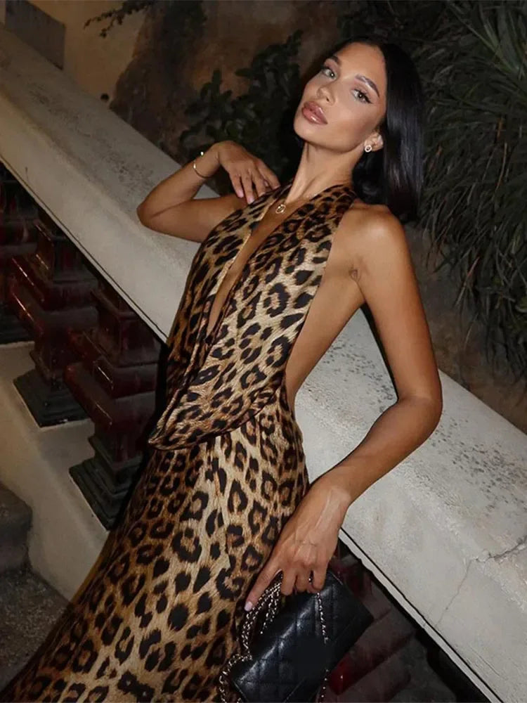 Women Elegant Leopard Print Lace-up Halter Dress Sexy Backless Deep V-neck Slim Long Dresses 2024 New Lady High Street Partywear - MyEmpired