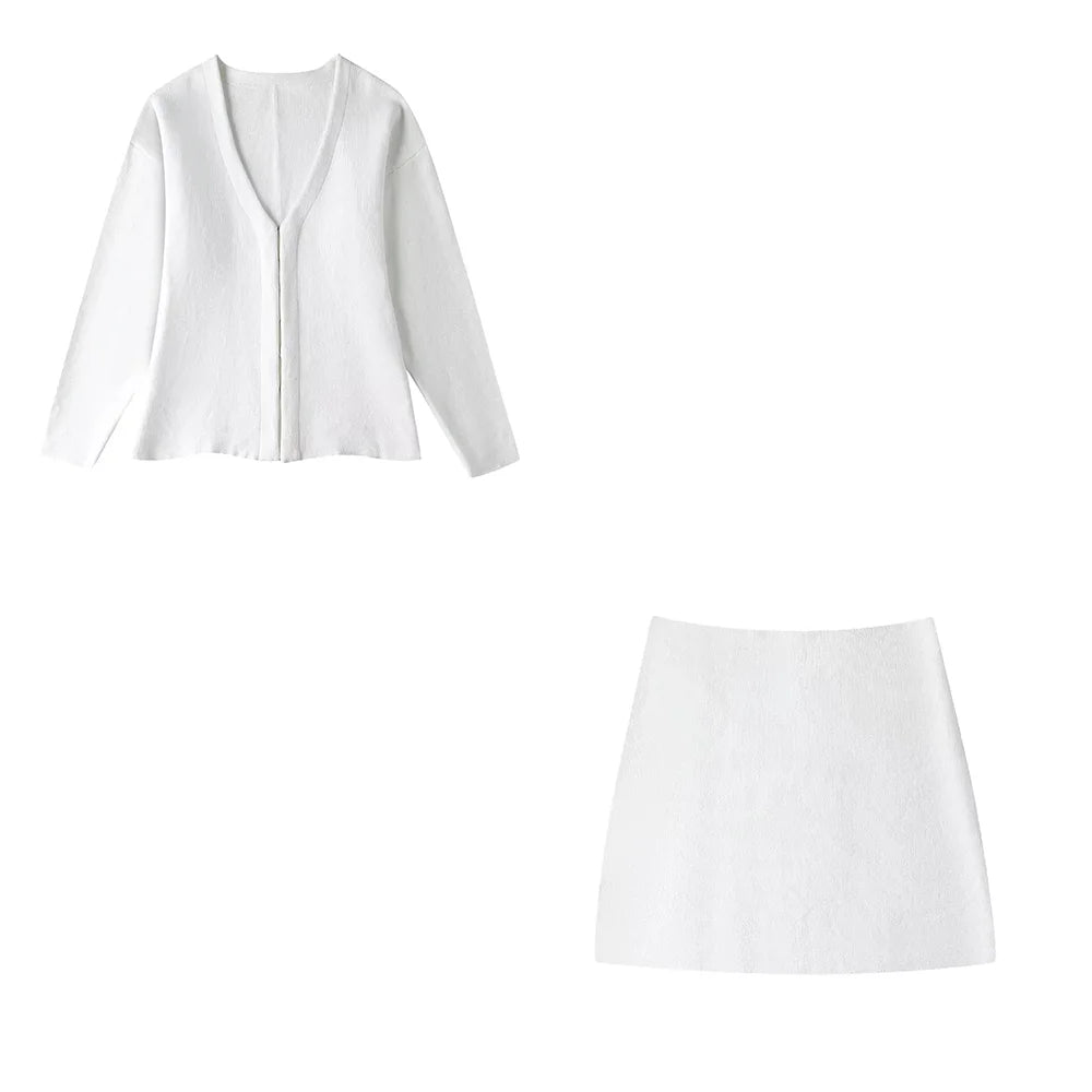 TRAFZA 2024 Spring Summer Sexy Solid Knitted Women Suits Fashion Nightclub V Neck Single Breasted Shirts+Chic Mini Pencil Skirts - MyEmpired