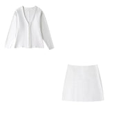 TRAFZA 2024 Spring Summer Sexy Solid Knitted Women Suits Fashion Nightclub V Neck Single Breasted Shirts+Chic Mini Pencil Skirts - MyEmpired