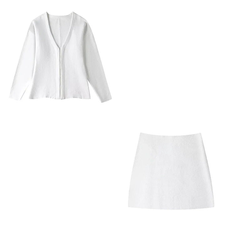 TRAFZA 2024 Spring Summer Sexy Solid Knitted Women Suits Fashion Nightclub V Neck Single Breasted Shirts+Chic Mini Pencil Skirts - MyEmpired