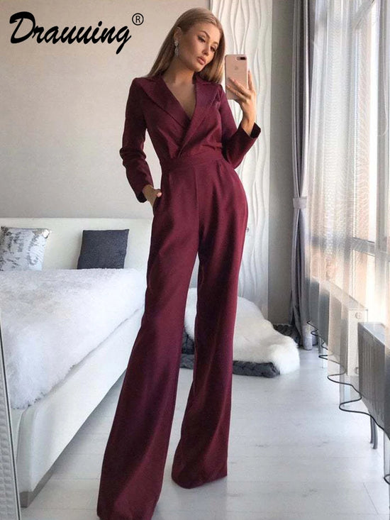 Drauuing Long Sleeve Summer Jumpsuit Women V Neck Casual Straight Pant Jumpsuit Fashion Office Lady Jumpsuit Women Solid - MyEmpired