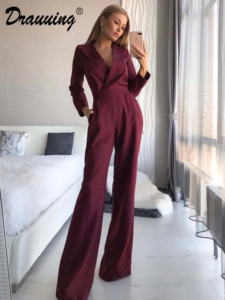 Drauuing Long Sleeve Summer Jumpsuit Women V Neck Casual Straight Pant Jumpsuit Fashion Office Lady Jumpsuit Women Solid