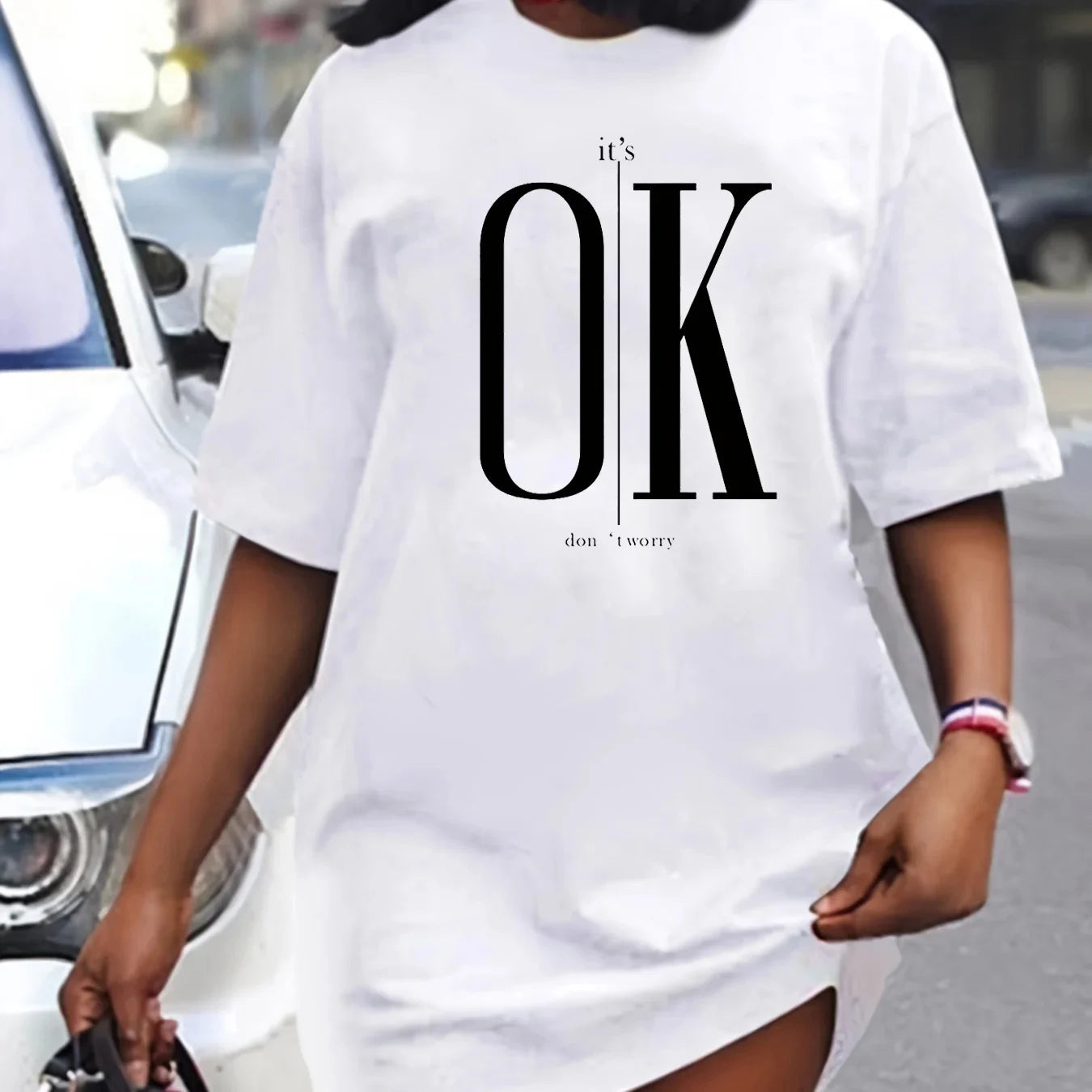 Women's summer casual It's OK don't Worry print lip print print loose size round neck short sleeved T-shirt dress