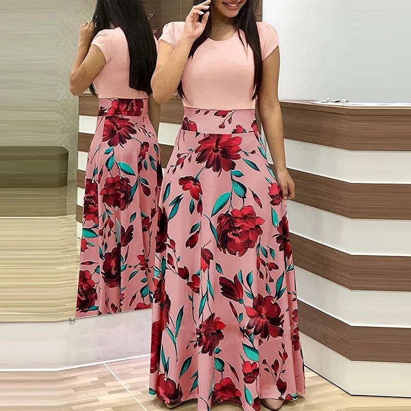 Printed Splicing Crew Neck Dress Elegant Short Sleeve Slim Waist Pleated Maxi Dress Women's Clothing