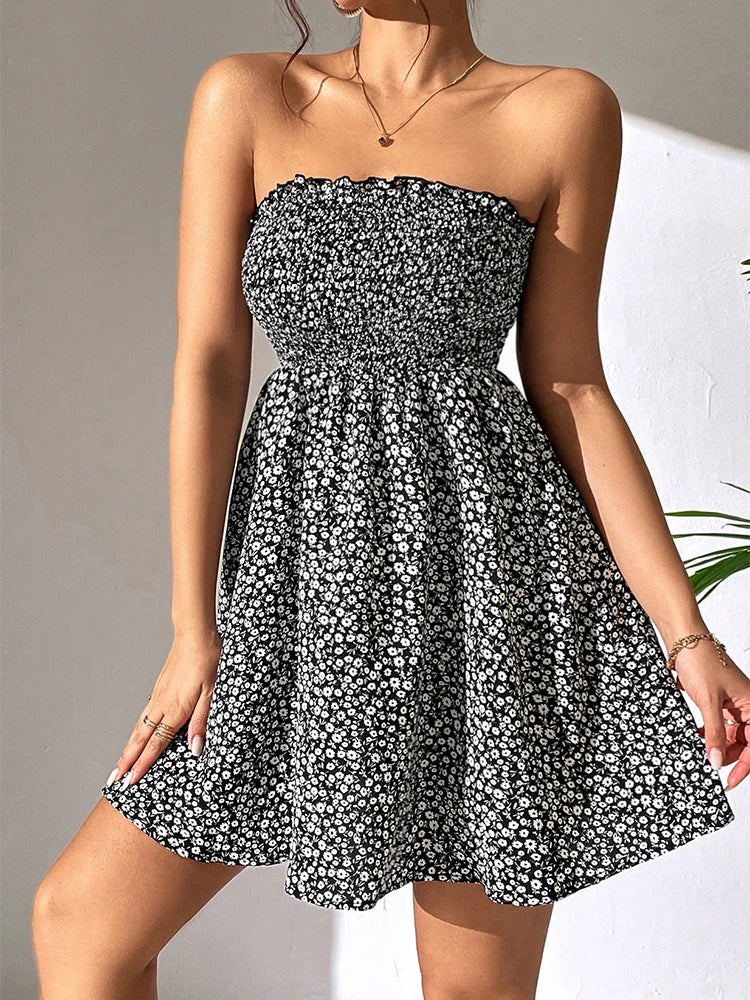 Summer women's fashion casual commuter Korean version of off-the-shoulder short miss knee floral short dress