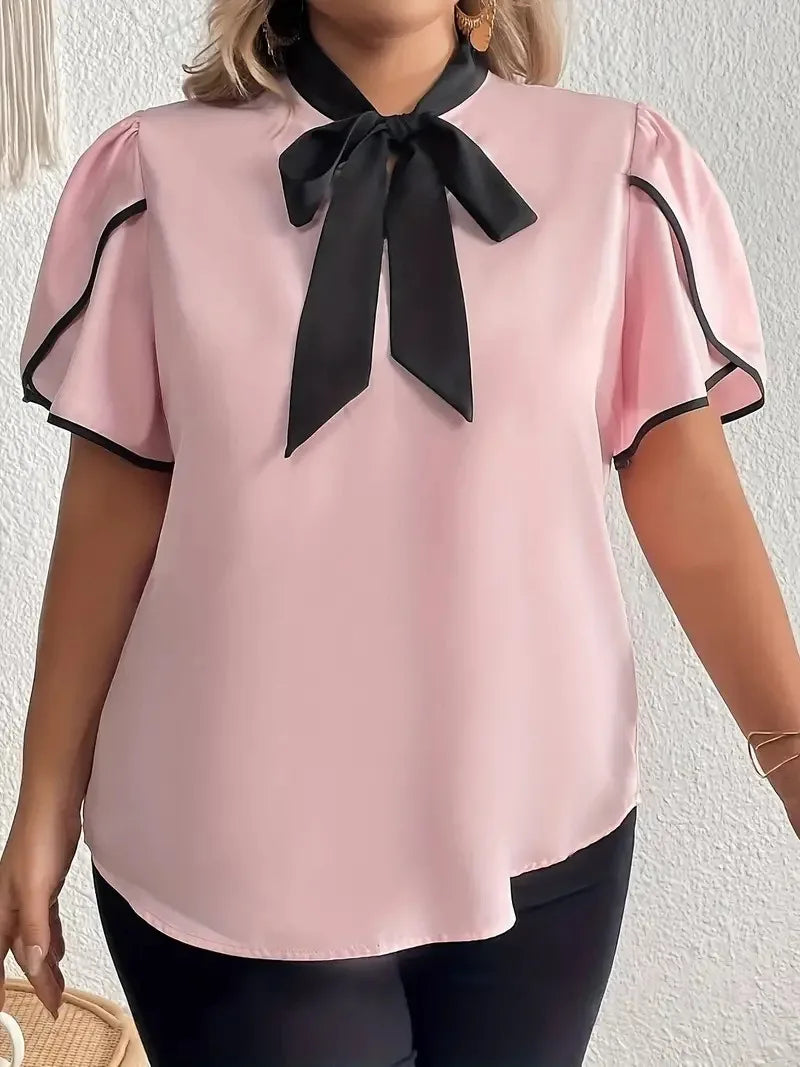 GIBSIE Plus Size Contrast Bow Tie Neck