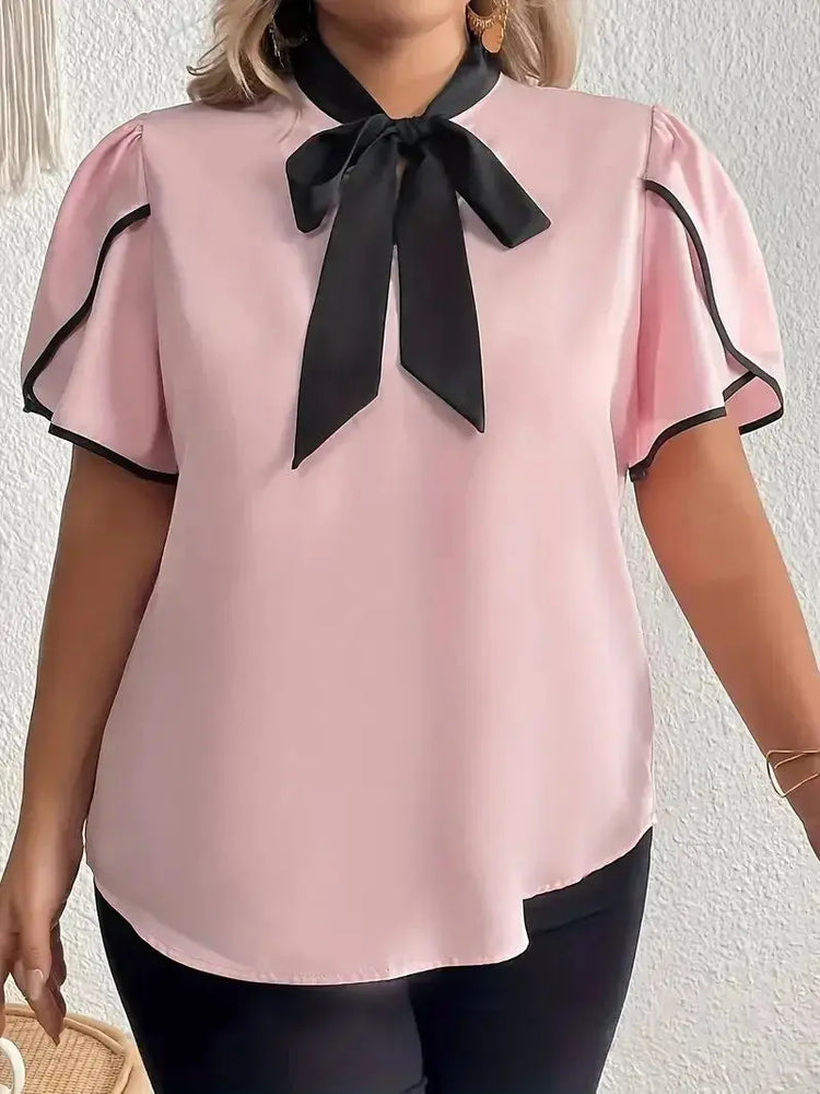 GIBSIE Plus Size Contrast Bow Tie Neck - MyEmpired