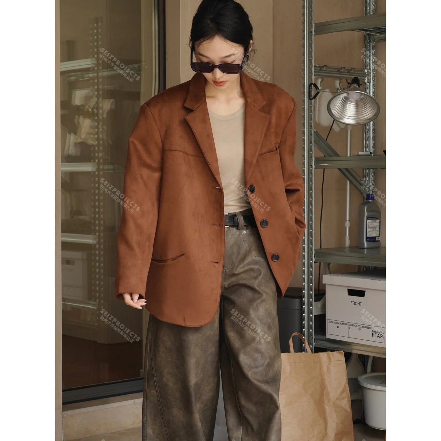 Winter Curved Pocket Oversized Blazer Suede Jacket Brown Green  Loose Straight Coat For Women