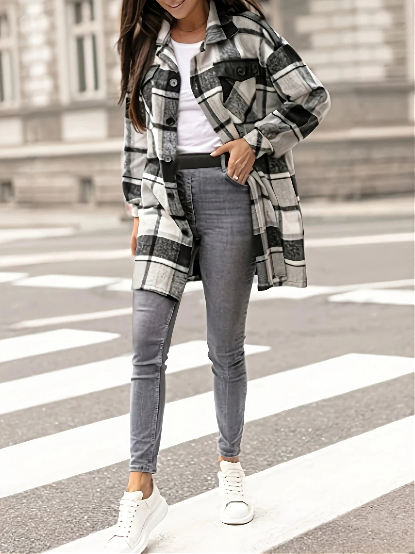 Women's Plaid Jacket Casual Button Wool Blend Winter Coats Long Sleeve Tartan Trench Coat With Pockets