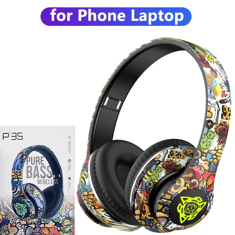 LED Graffiti Foldable Wireless Bluetooth Headphones Noise Canceling Super Bass Headsets Gamer Earphones Support TF With HD Mic