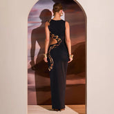 Black Cut Out Beach Dress Women Fashion Snake Print Slim Club Party Dresses Summer Sexy Split Sleeveless Long Dress 2024 New - MyEmpired