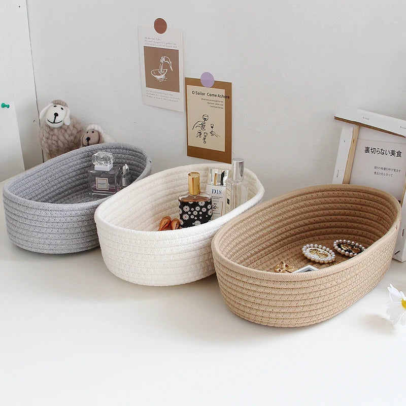 Desktop Sundries Basket Storage Box Hand Woven Basket Kids Toys Organizer Office Stationery Cosmetics Snack Pouch Accessories