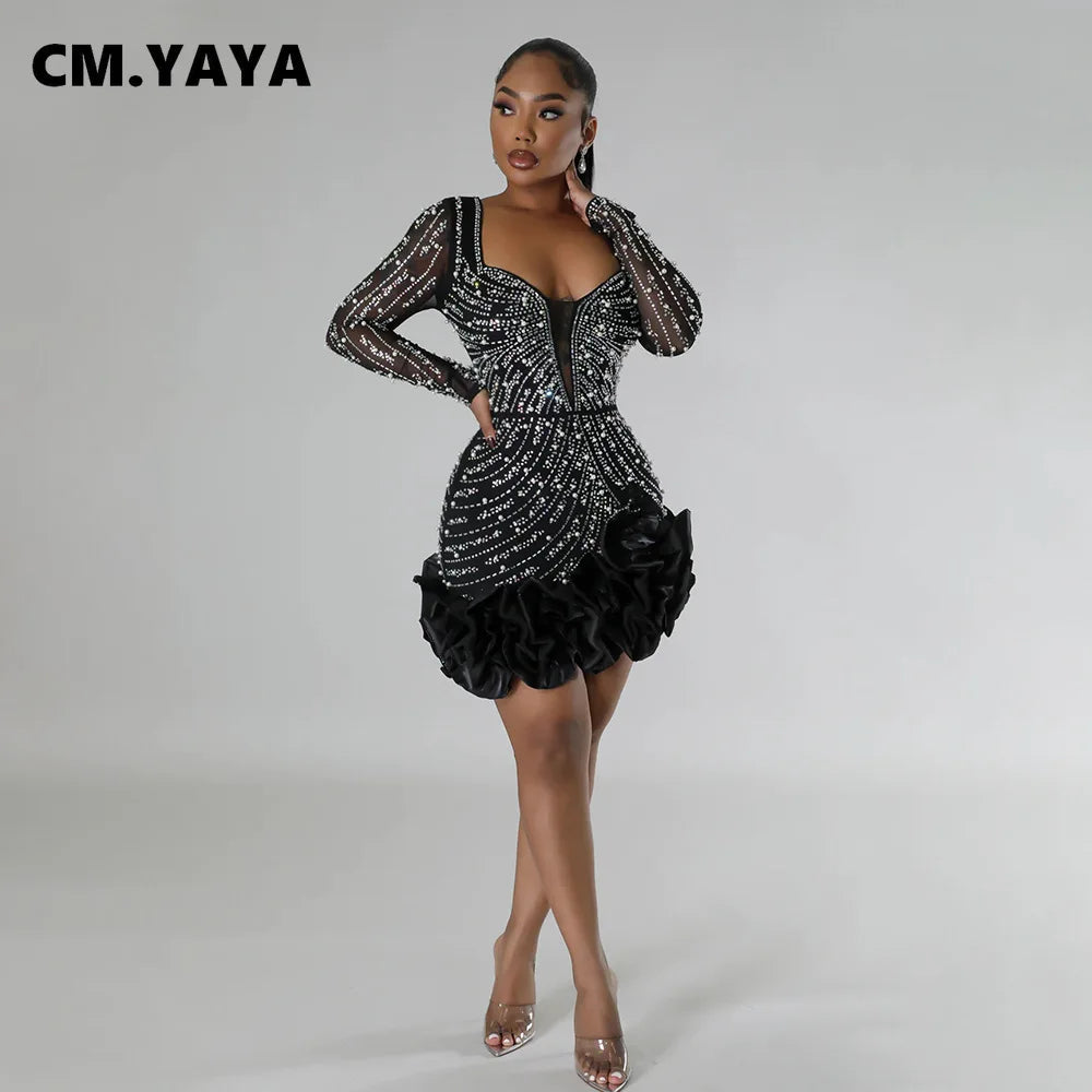 CM.YAYA Spring Women Long Sleeve Ruffles Hot Drilling Bead Short Dress Sexy Night Club Evening Birthday Mini Dresses Vestidos