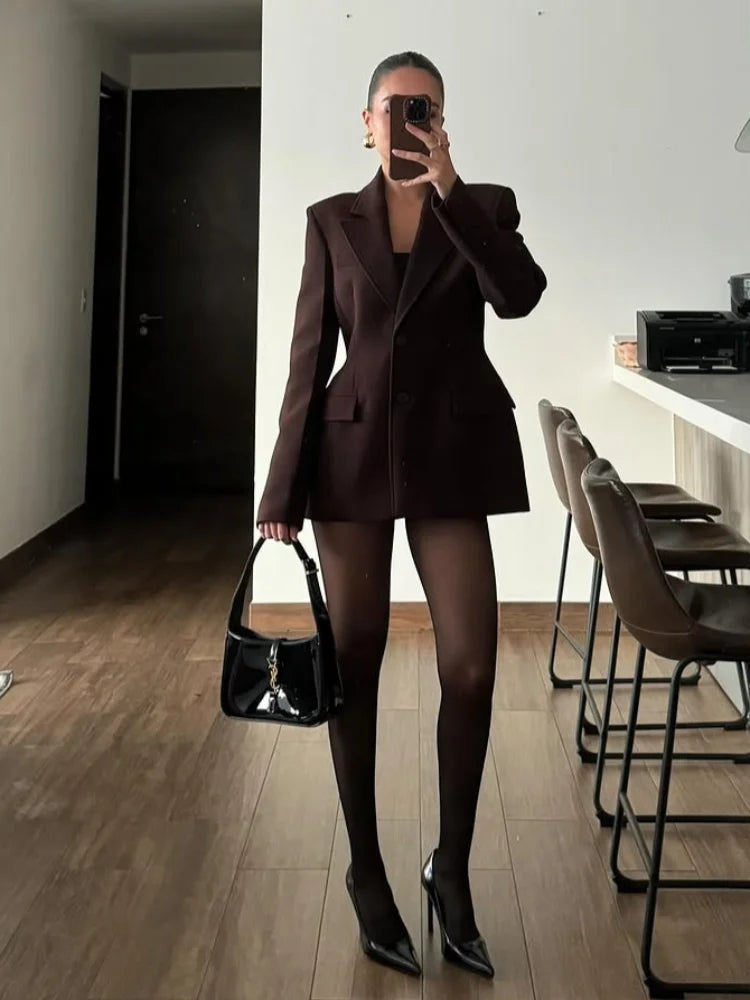 Woman Elegant Solid Cinch Waist Fitted Blazer Chic Lapel V Neck Long Sleeved Buttons Jackets Fashion Female High Streetwear 2025