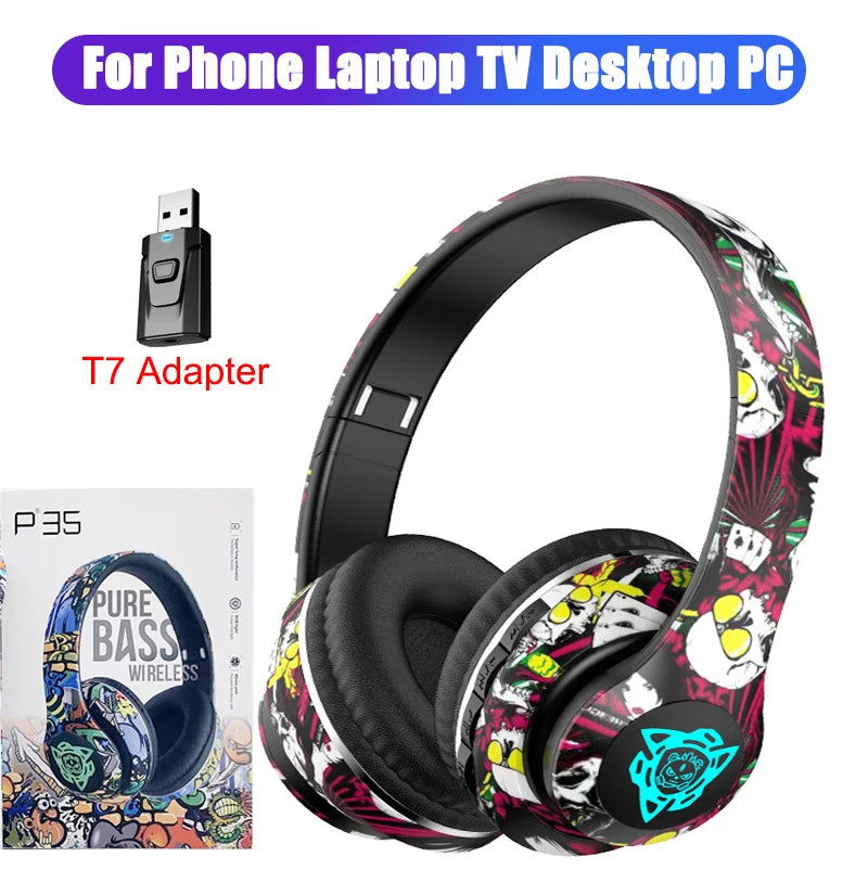 LED Graffiti Foldable Wireless Bluetooth Headphones Noise Canceling Super Bass Headsets Gamer Earphones Support TF With HD Mic