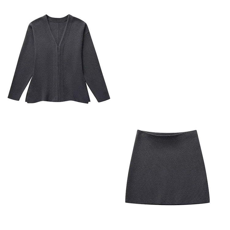 TRAFZA 2024 Spring Summer Sexy Solid Knitted Women Suits Fashion Nightclub V Neck Single Breasted Shirts+Chic Mini Pencil Skirts - MyEmpired