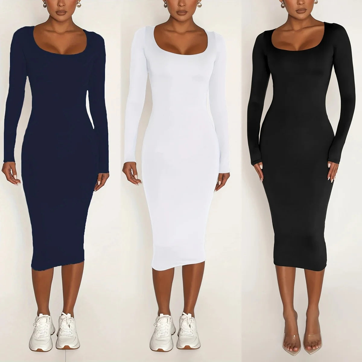 Womens Long Sleeve U-Neck Party Bodycon Midi Jumper Dress Stretch Winter Dresses