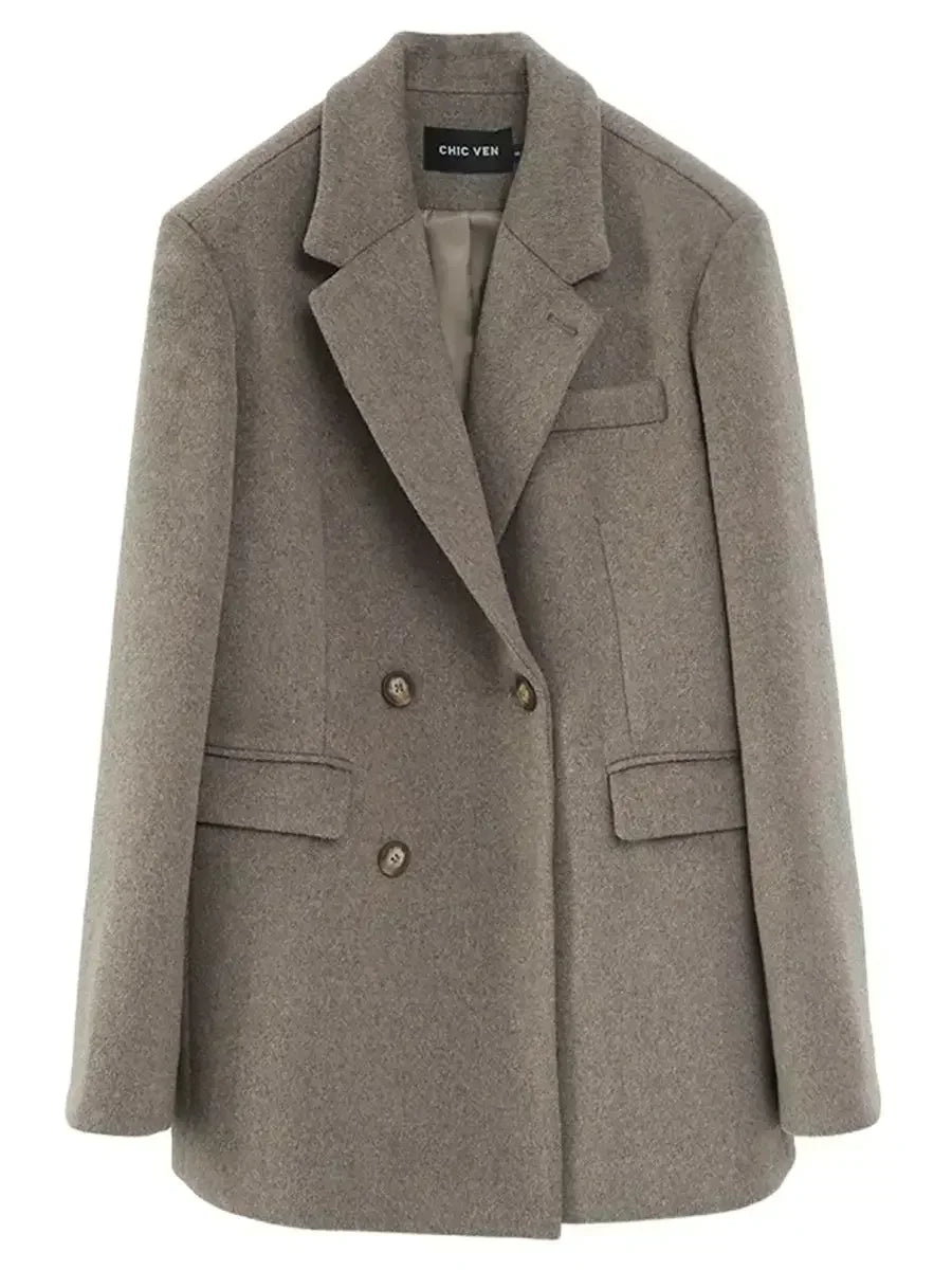 CHIC VEN Autumn Winter Korean Women Woolen Blazer Cotton Lining Thick Warm Jacket Solid Color Coat Female Woman Office Lady Tops - MyEmpired