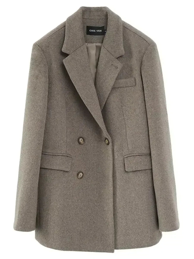 CHIC VEN Autumn Winter Korean Women Woolen Blazer Cotton Lining Thick Warm Jacket Solid Color Coat Female Woman Office Lady Tops - MyEmpired
