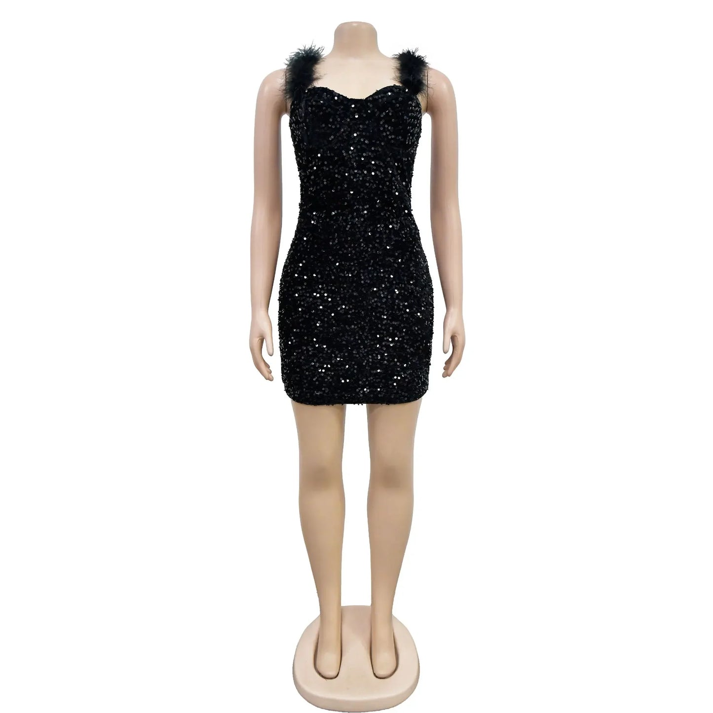 CM.YAYA Women Feathers Shoulder Tank Sleeveless Sequined Bodycon Midi Mini Dress 2023 Sexy Party Even Club Dresses Vestidos