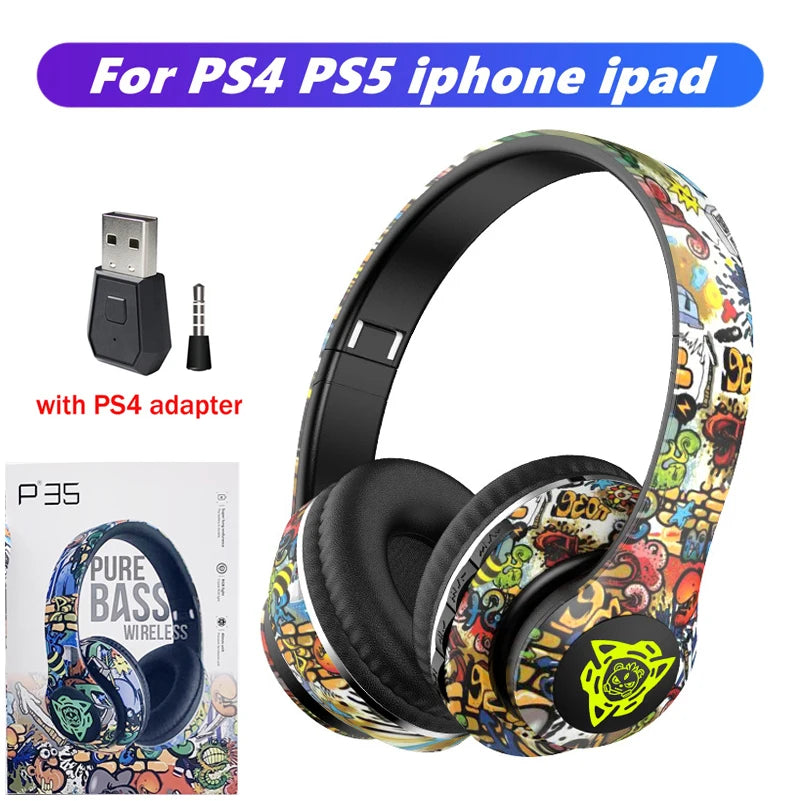 LED Graffiti Foldable Wireless Bluetooth Headphones Noise Canceling Super Bass Headsets Gamer Earphones Support TF With HD Mic