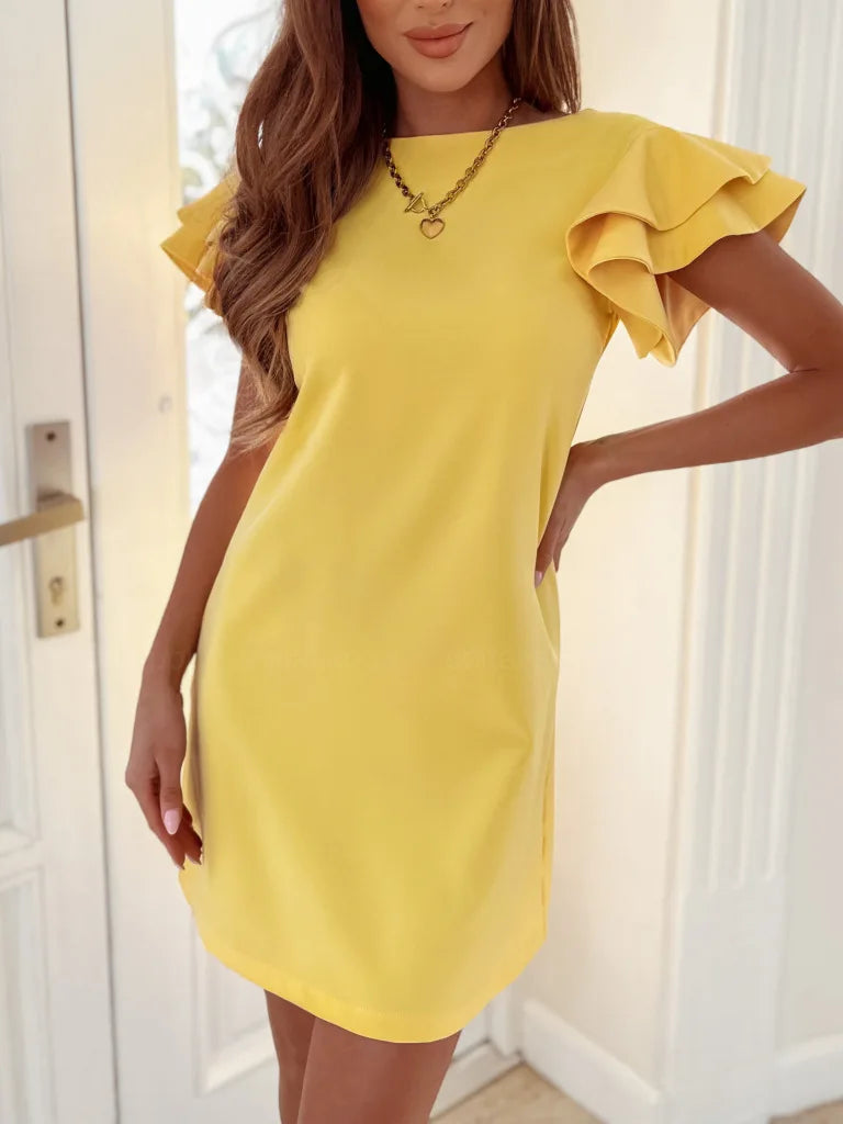 Women 2024 Mini Dresses Summer Casual Ruffle Short Sleeve Sexy Backless Flowy Dress