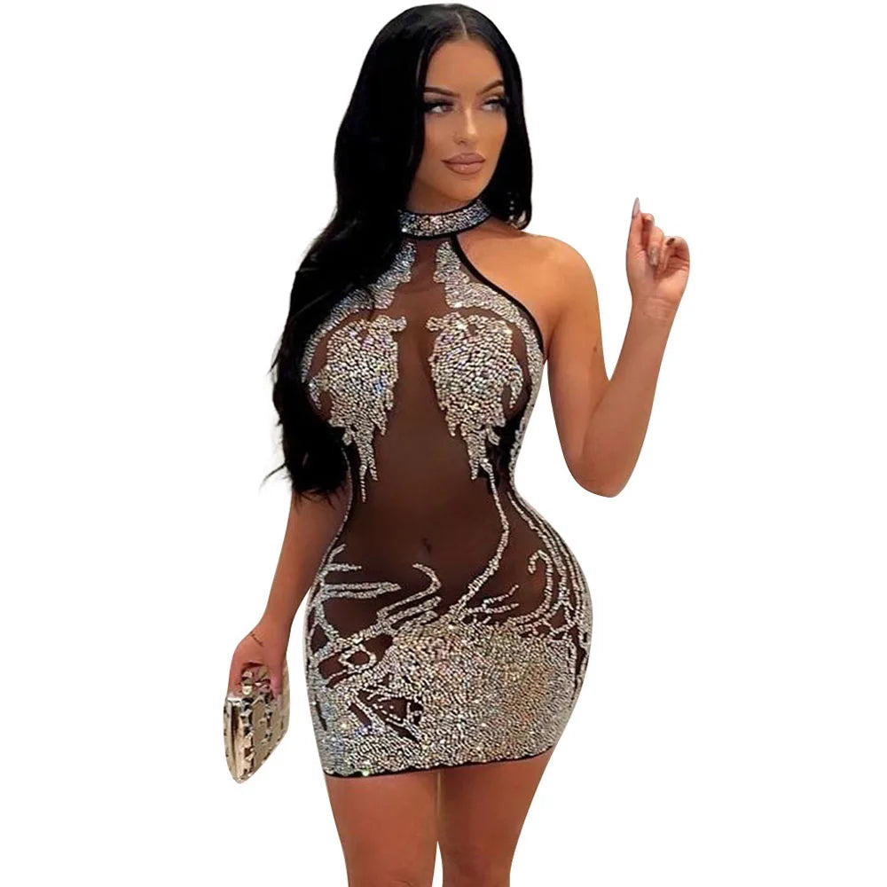 Sexy Mesh Rhinestone Short Prom Evening Mini Dress See Through Outfits Luxury For Women Night Club Party Diamond Bodycon Dresses