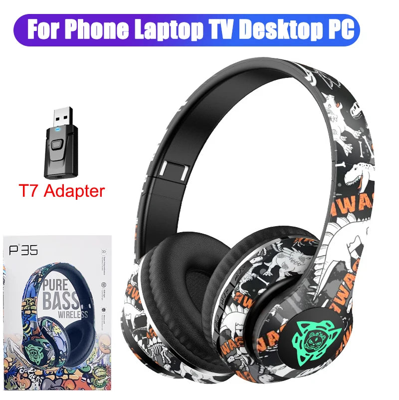 LED Graffiti Foldable Wireless Bluetooth Headphones Noise Canceling Super Bass Headsets Gamer Earphones Support TF With HD Mic