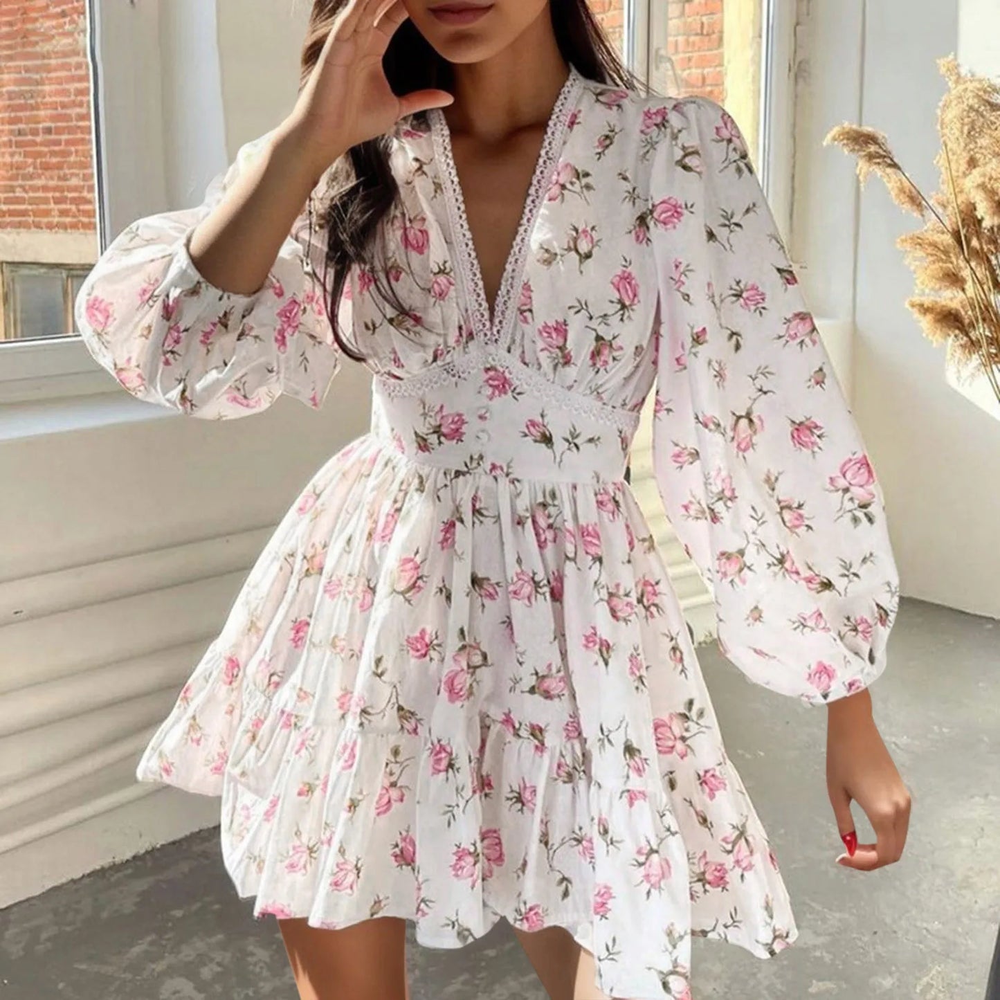 French Style Elegant Tunic Waist Floral Print Swing Dress Women's Casual Temperament Puff Sleeve Holiday A-line Dresses 2024