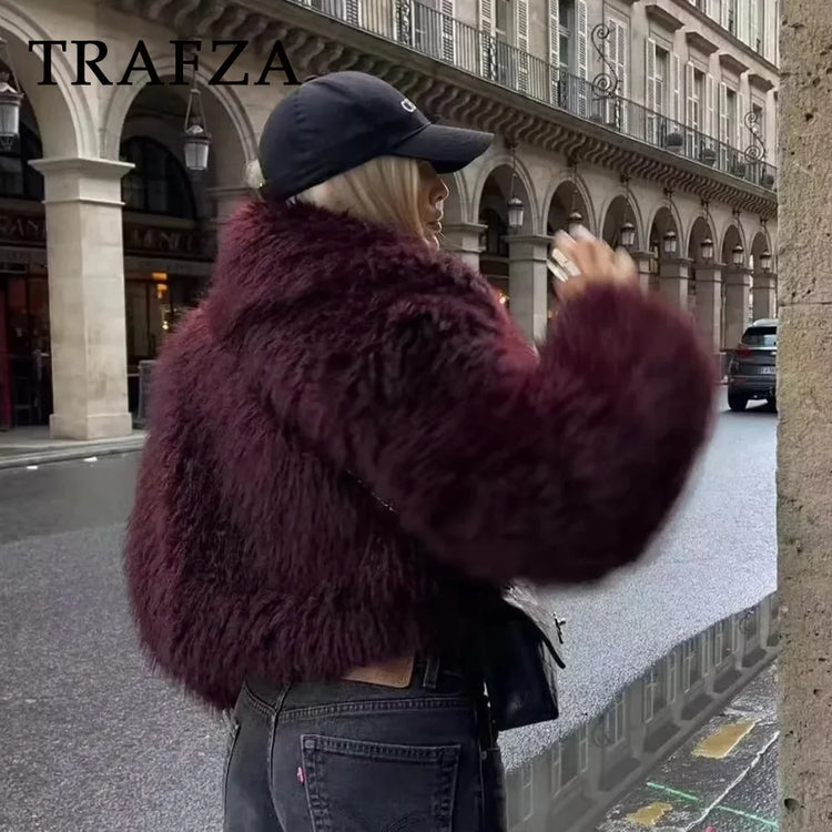 TRAFZA 2025 Autumn Winter Women Casual Faux Fur Jackets Fashion Streetwear Solid Turn Down Collar Warm Oversized Thick Coats - MyEmpired