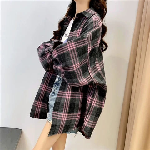 Plaid Shirt Women Autumn Long Sleeve Top Female Vintage Fashion Single Breasted Blouse Ladies Preppy Style Loose Check Shirts