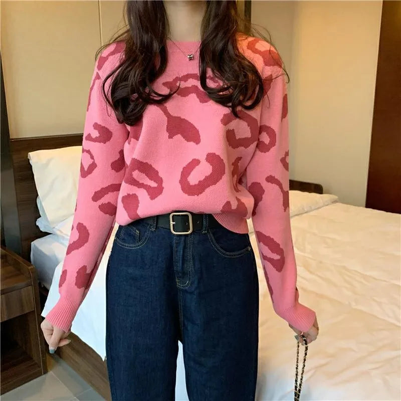 Pink Women Leopard Knitted Sweater Winter Animal Print Thick Long Sleeve O-neck Female Pullovers Casual Tops 2024 New Arrival