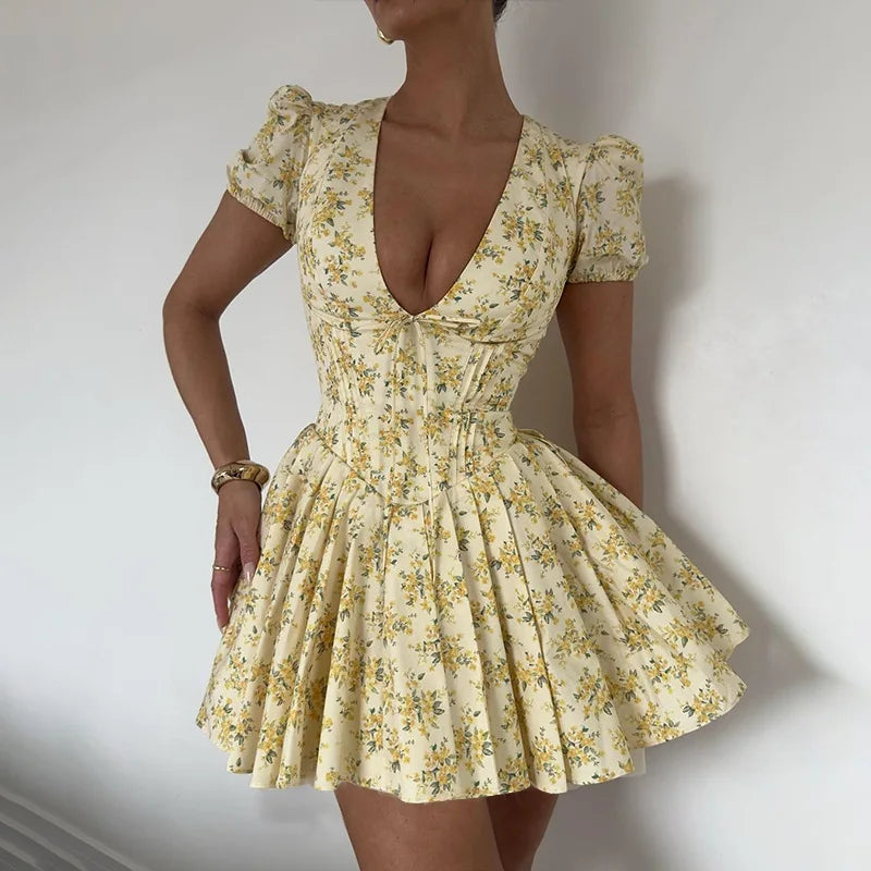 Summer Yellow Floral Print Short Dresses Women Vintage Puff Sleeve V Neck Sexy Elegant A Line Pleated Dress Party Beach Vestidos