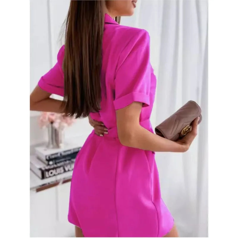 Elegant Office Lady Rose Red Mini Blazer Dress With Belt 2024 New Summer Fashion Double Breasted Short Sleeved Dresses For Women